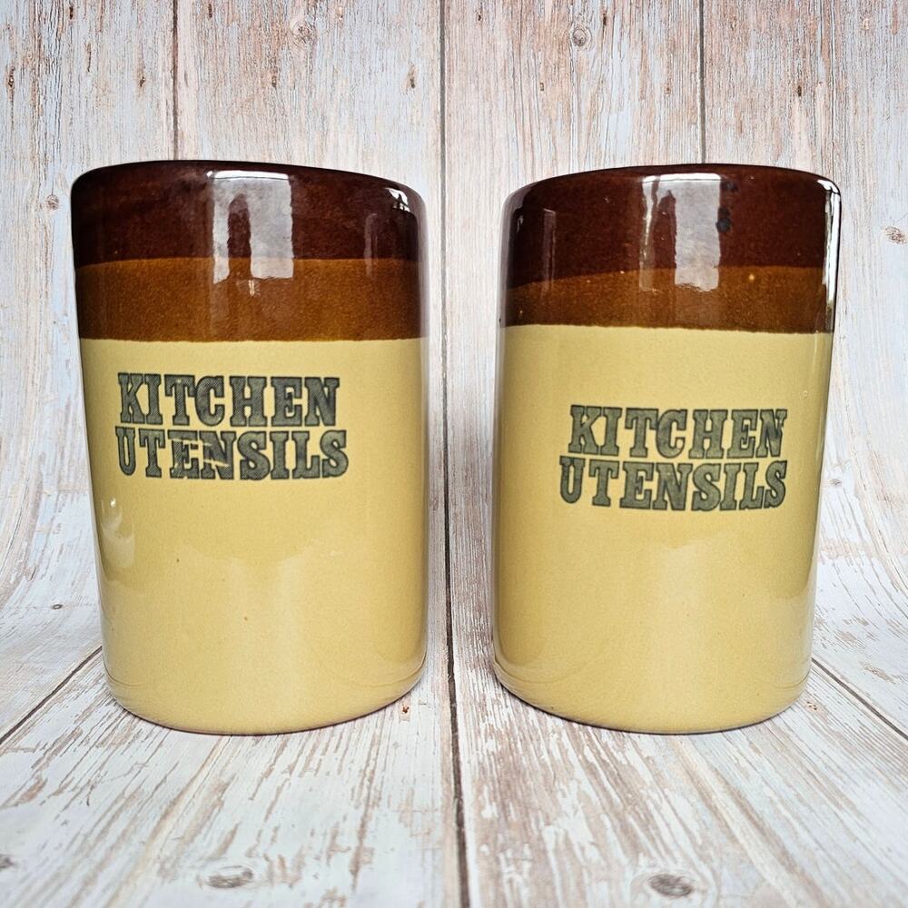 Vintage 70s Ceramic Kitchen Utensils Crock Holder Pair Two Tone Brown Tan Retro